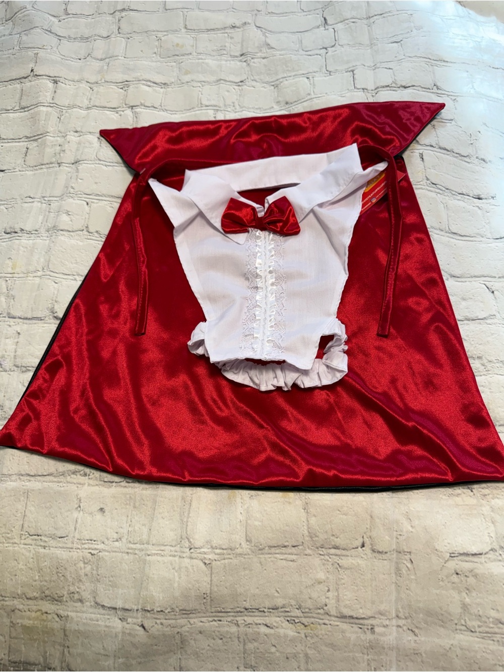 Pet Warrior Dog Red Satin Vampire Cape & White Bow-Tie Bodysuit Costume
